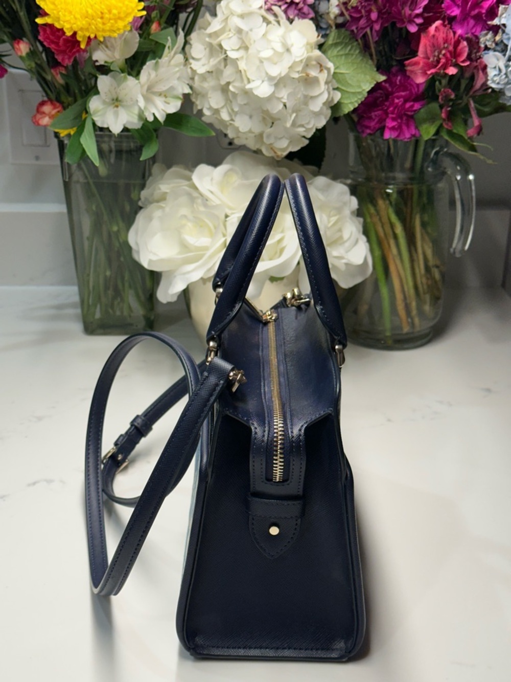 Kate Spade Madison Navy Blue Denim Floral Vase Embroidered Tote Crossbody Bag - Picture 5 of 13